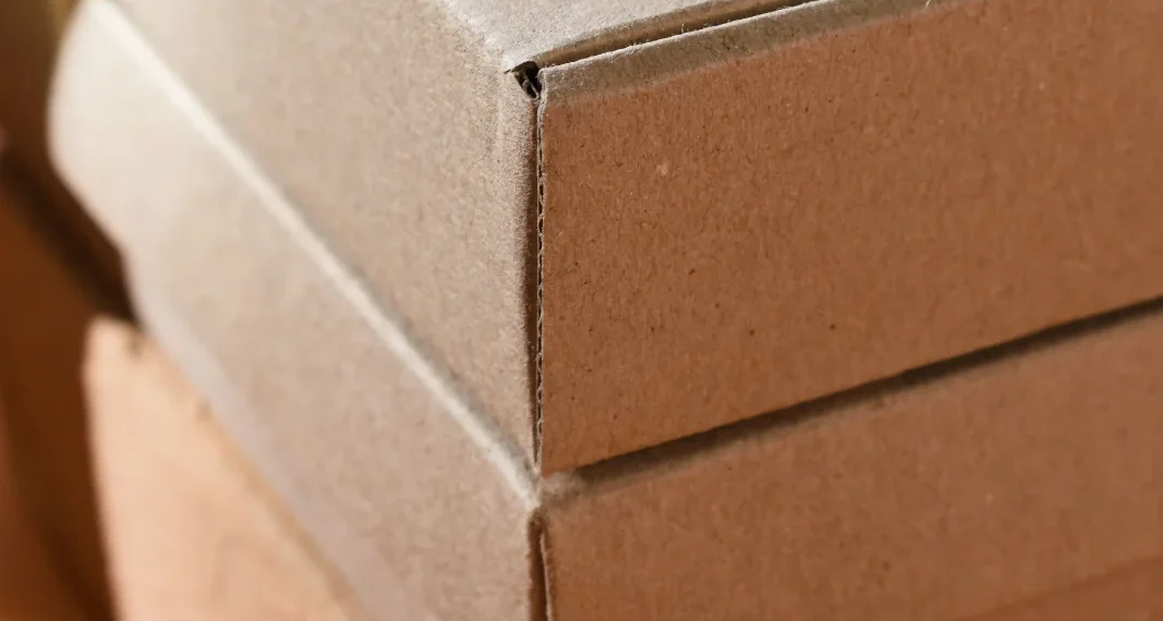 Detalhe de uma caixa de papelão kraft fechada, usada como embalagem para produtos artesanais