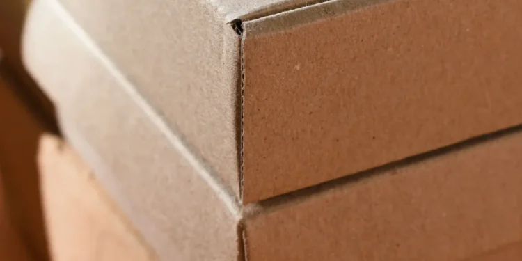 Detalhe de uma caixa de papelão kraft fechada, usada como embalagem para produtos artesanais