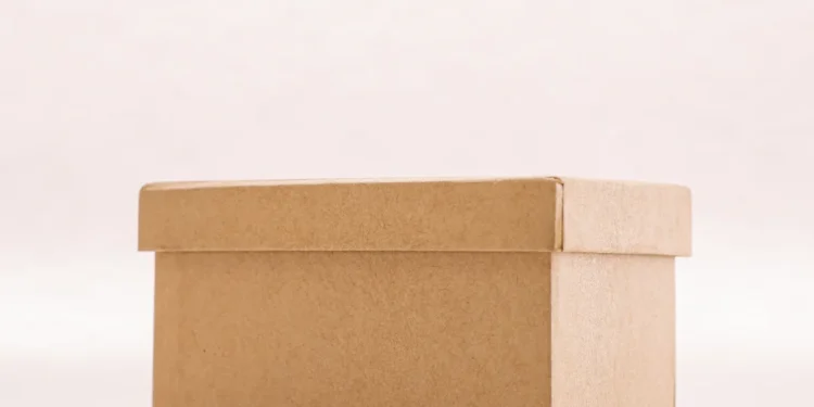 Caixa de papel kraft fechada, usada para transporte de doces