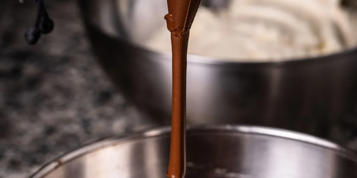 Chocolate derretido sendo despejado em tigela, superfície brilhante (imagem ilustrativa)