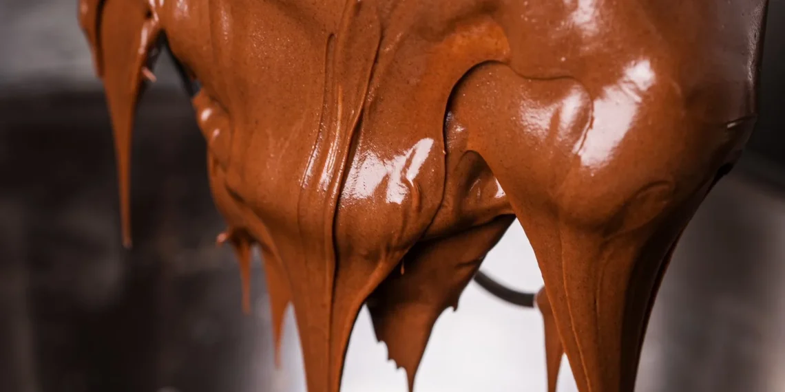 Massa de chocolate brilhante escorrendo em batedor de arame (imagem ilustrativa)