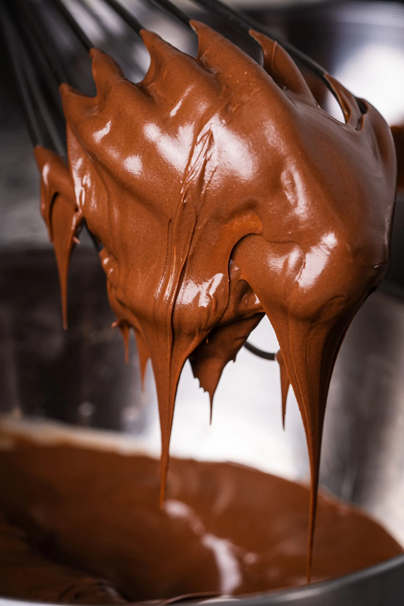 Massa de chocolate brilhante escorrendo em batedor de arame (imagem ilustrativa)