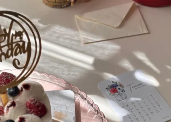 Mesa com bolo de comemoração, convite e itens de planejamento de festa